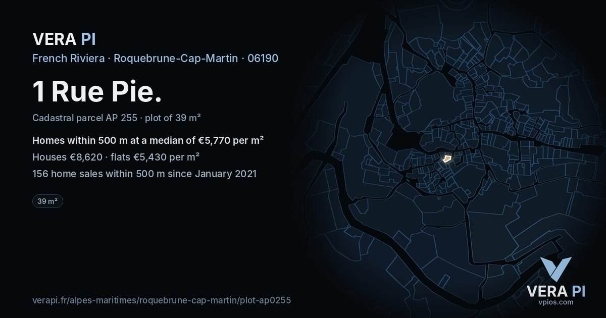 1 Rue Pie, Roquebrune-Cap-Martin at night – the plot lit, the parcels around coloured by the prices near them