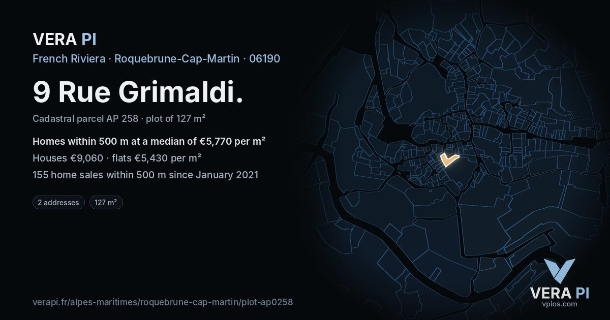 9 Rue Grimaldi, Roquebrune-Cap-Martin at night – the plot lit, the parcels around coloured by the prices near them