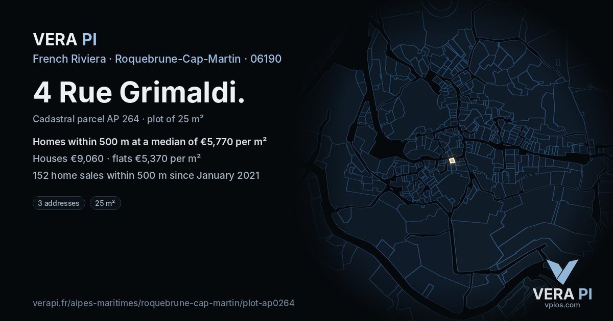 4 Rue Grimaldi, Roquebrune-Cap-Martin at night – the plot lit, the parcels around coloured by the prices near them