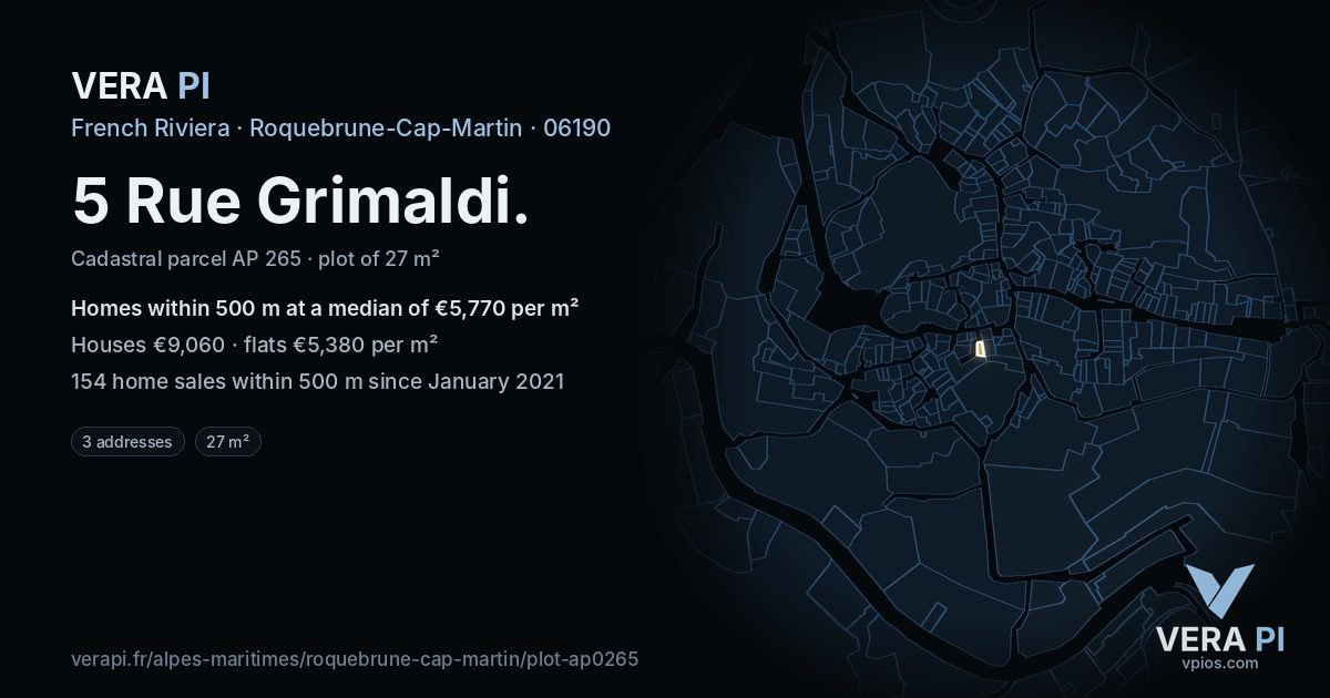 5 Rue Grimaldi, Roquebrune-Cap-Martin at night – the plot lit, the parcels around coloured by the prices near them