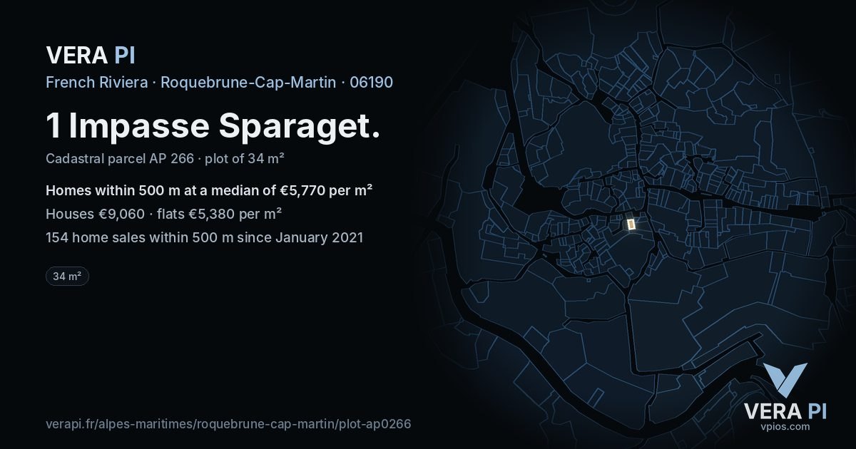 1 Impasse Sparaget, Roquebrune-Cap-Martin at night – the plot lit, the parcels around coloured by the prices near them