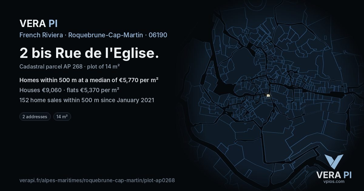 2 bis Rue de l'Eglise, Roquebrune-Cap-Martin at night – the plot lit, the parcels around coloured by the prices near them