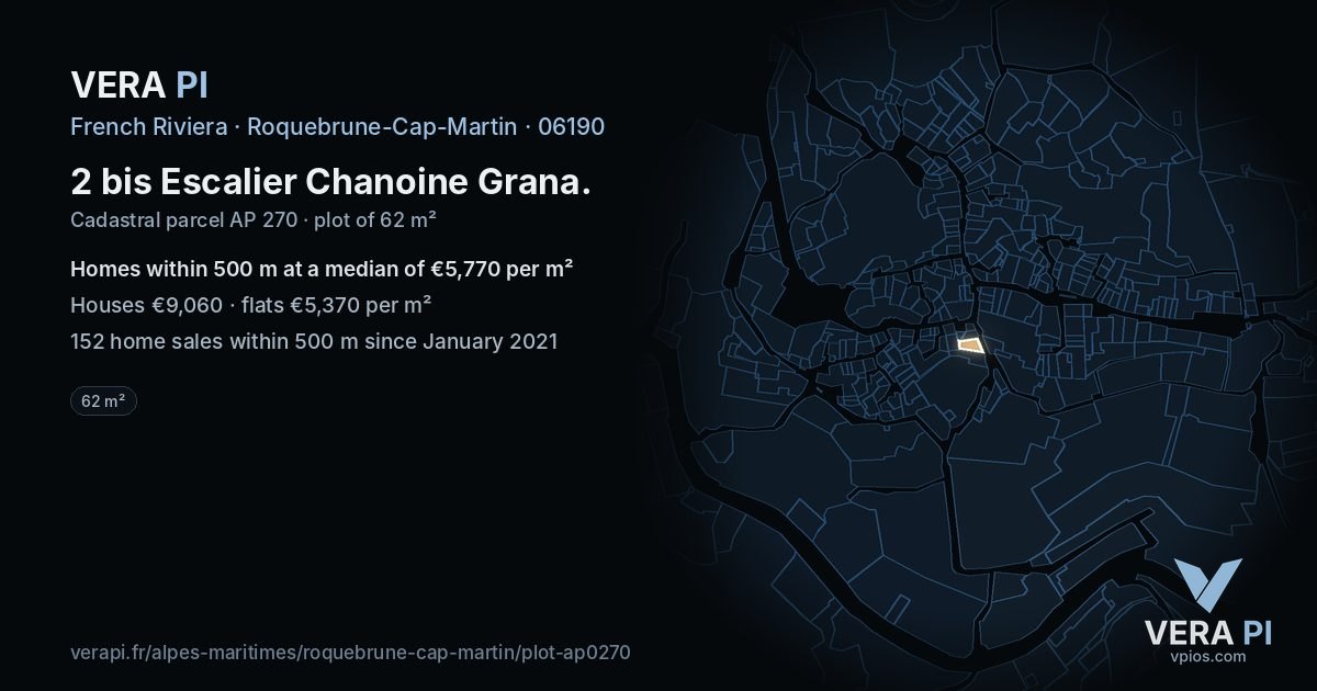 2 bis Escalier Chanoine Grana, Roquebrune-Cap-Martin at night – the plot lit, the parcels around coloured by the prices near them