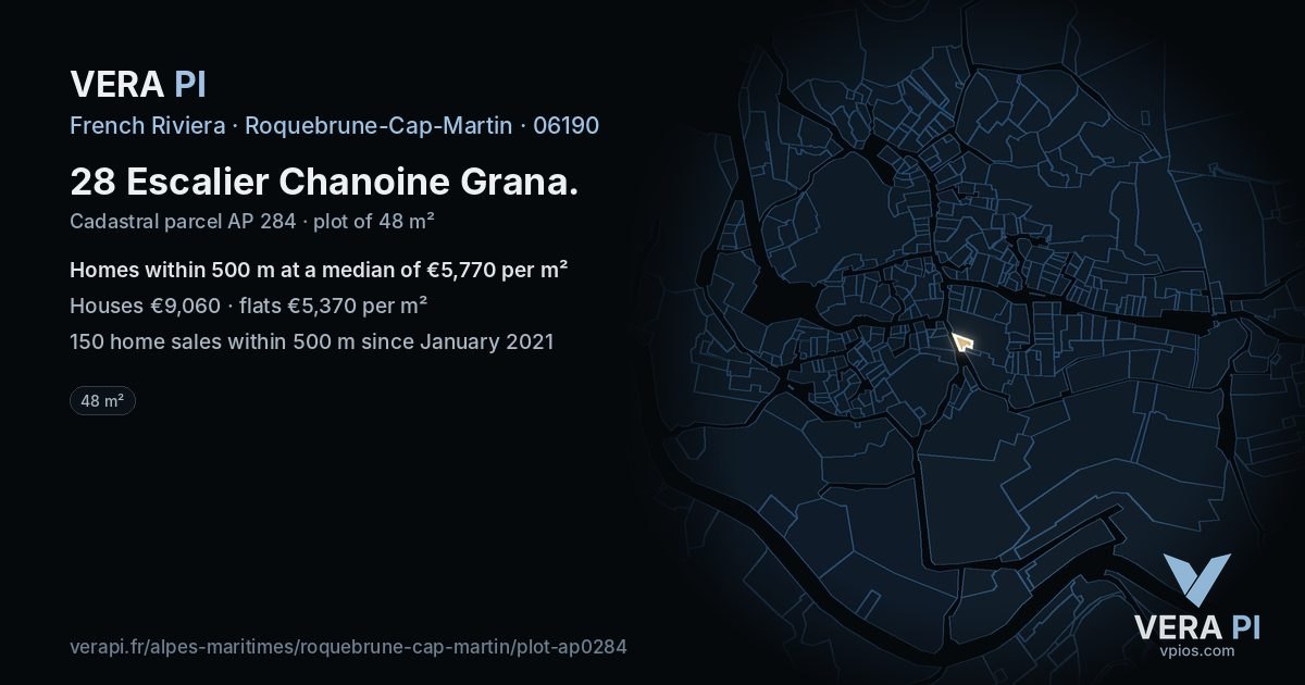 28 Escalier Chanoine Grana, Roquebrune-Cap-Martin at night – the plot lit, the parcels around coloured by the prices near them
