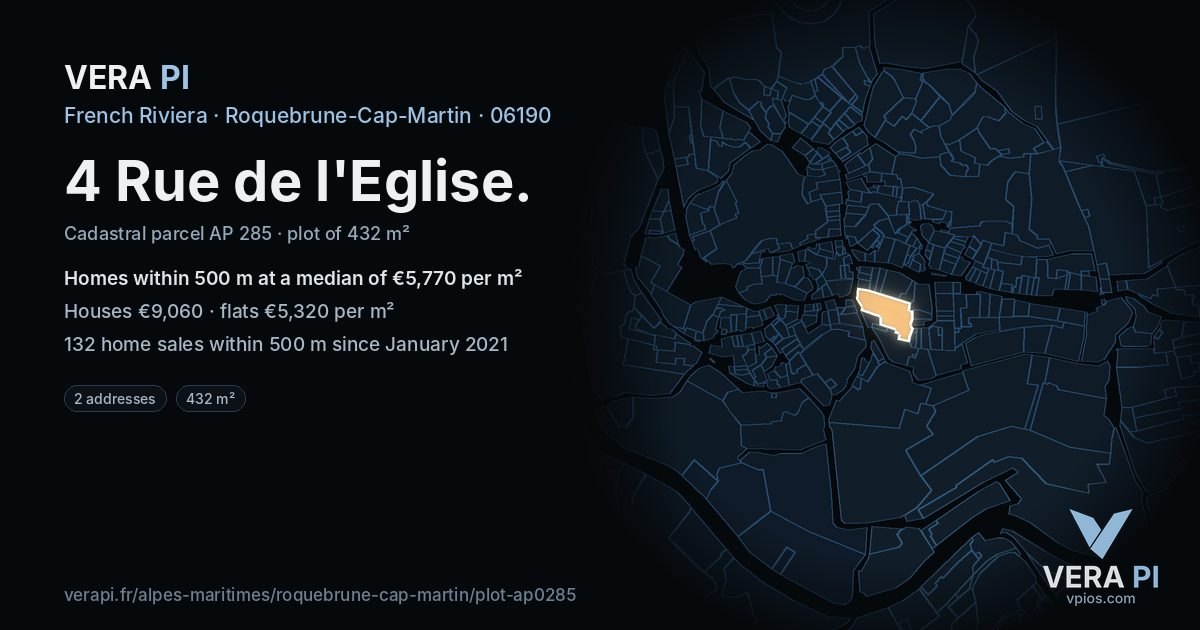 4 Rue de l'Eglise, Roquebrune-Cap-Martin at night – the plot lit, the parcels around coloured by the prices near them