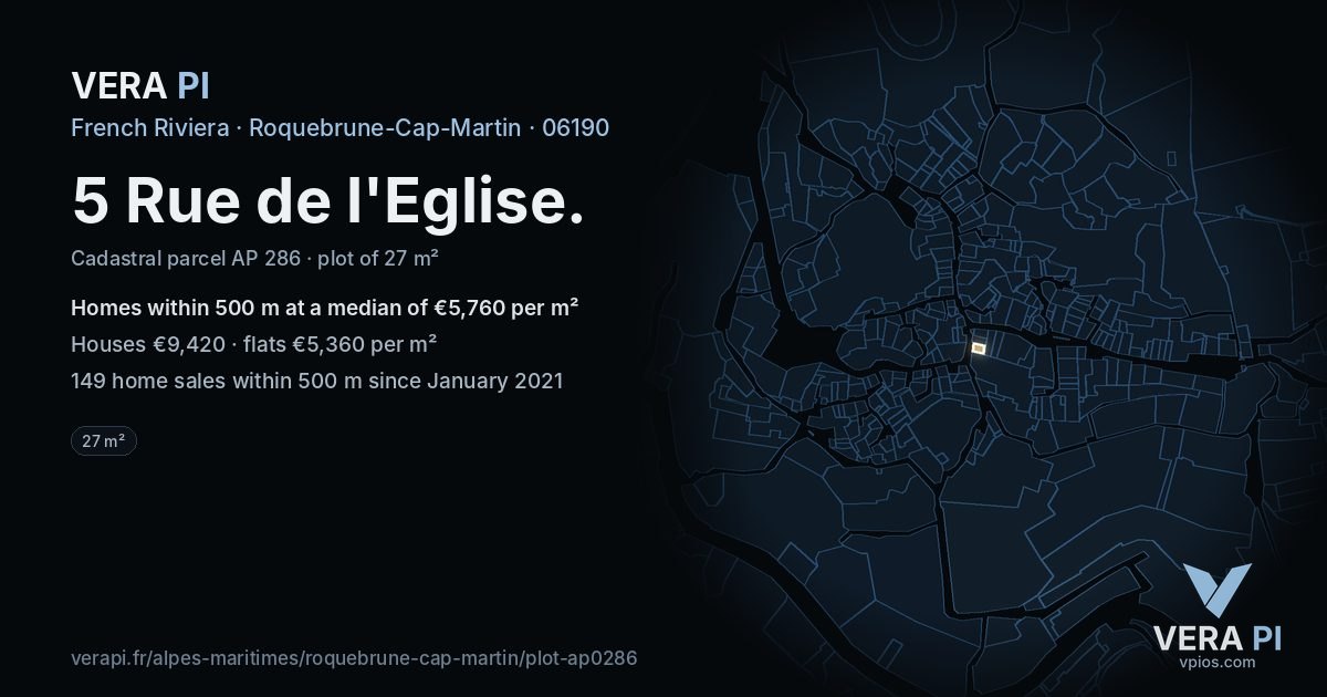 5 Rue de l'Eglise, Roquebrune-Cap-Martin at night – the plot lit, the parcels around coloured by the prices near them