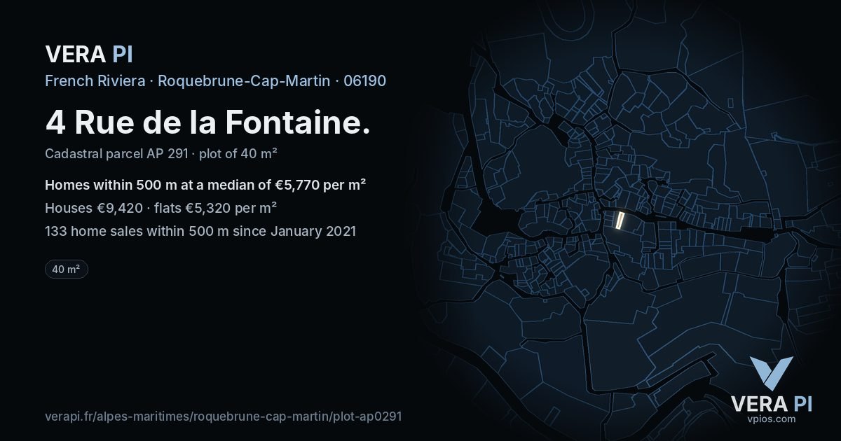 4 Rue de la Fontaine, Roquebrune-Cap-Martin at night – the plot lit, the parcels around coloured by the prices near them