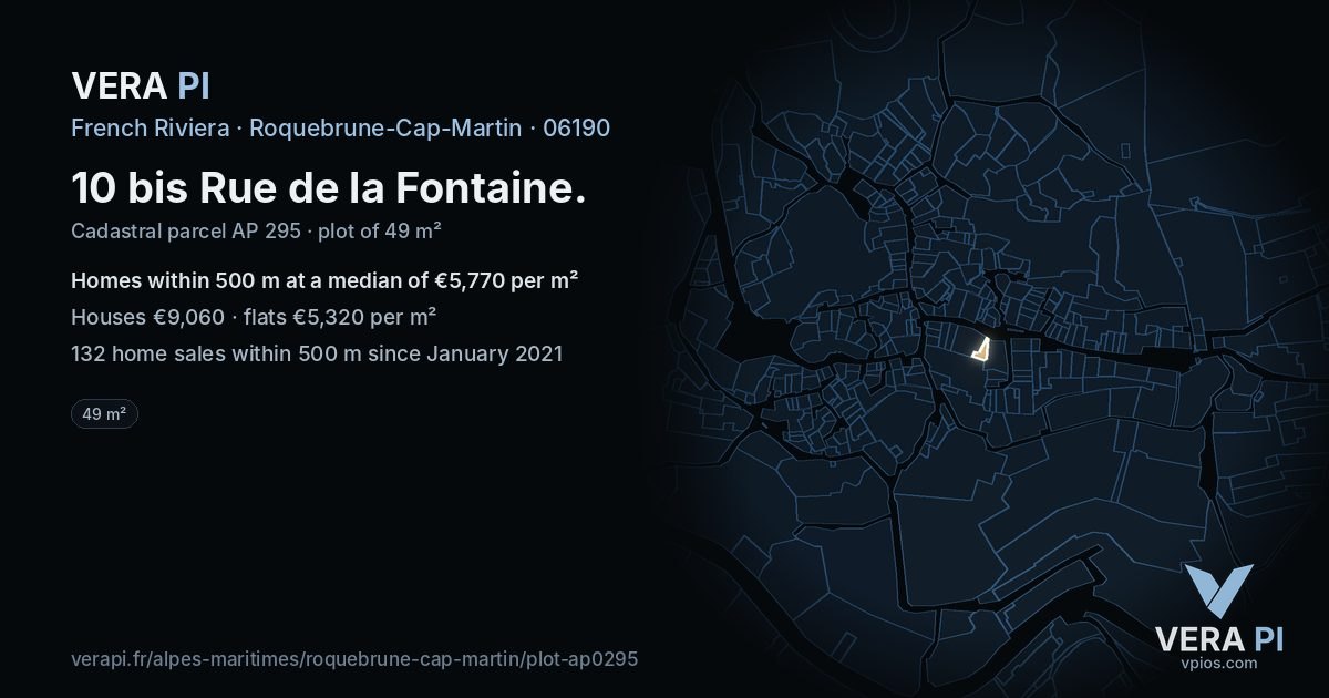 10 bis Rue de la Fontaine, Roquebrune-Cap-Martin at night – the plot lit, the parcels around coloured by the prices near them