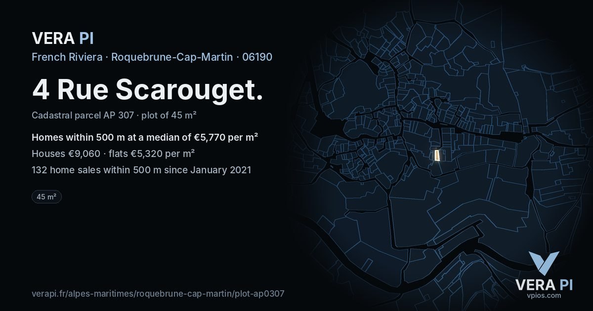 4 Rue Scarouget, Roquebrune-Cap-Martin at night – the plot lit, the parcels around coloured by the prices near them