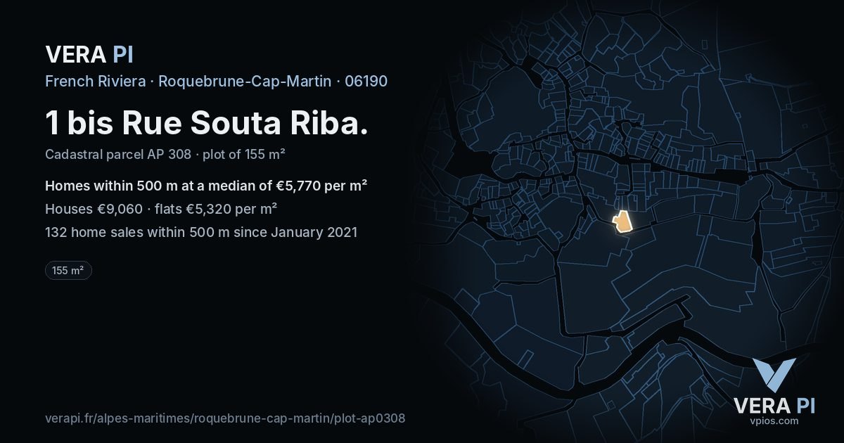1 bis Rue Souta Riba, Roquebrune-Cap-Martin at night – the plot lit, the parcels around coloured by the prices near them