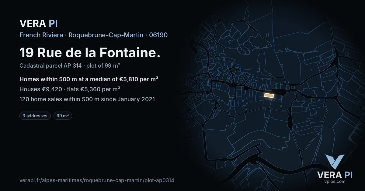 19 Rue de la Fontaine, Roquebrune-Cap-Martin at night – the plot lit, the parcels around coloured by the prices near them