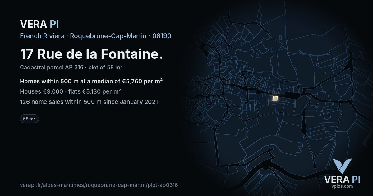 17 Rue de la Fontaine, Roquebrune-Cap-Martin at night – the plot lit, the parcels around coloured by the prices near them