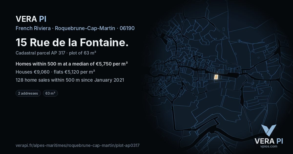 15 Rue de la Fontaine, Roquebrune-Cap-Martin at night – the plot lit, the parcels around coloured by the prices near them