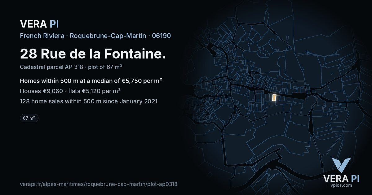 28 Rue de la Fontaine, Roquebrune-Cap-Martin at night – the plot lit, the parcels around coloured by the prices near them