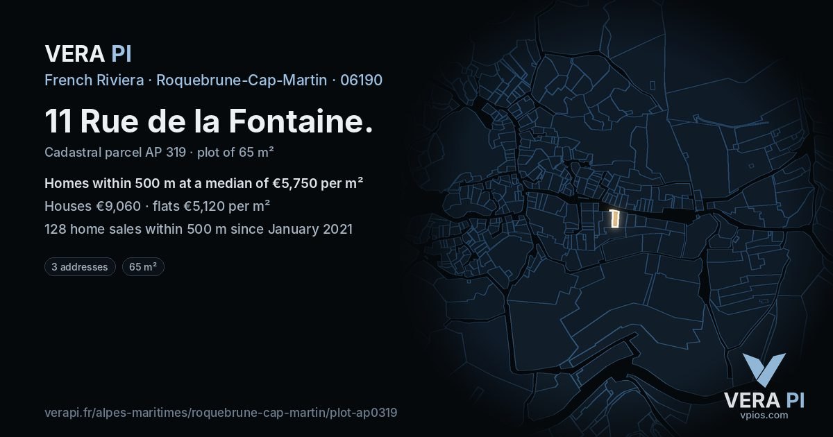 11 Rue de la Fontaine, Roquebrune-Cap-Martin at night – the plot lit, the parcels around coloured by the prices near them
