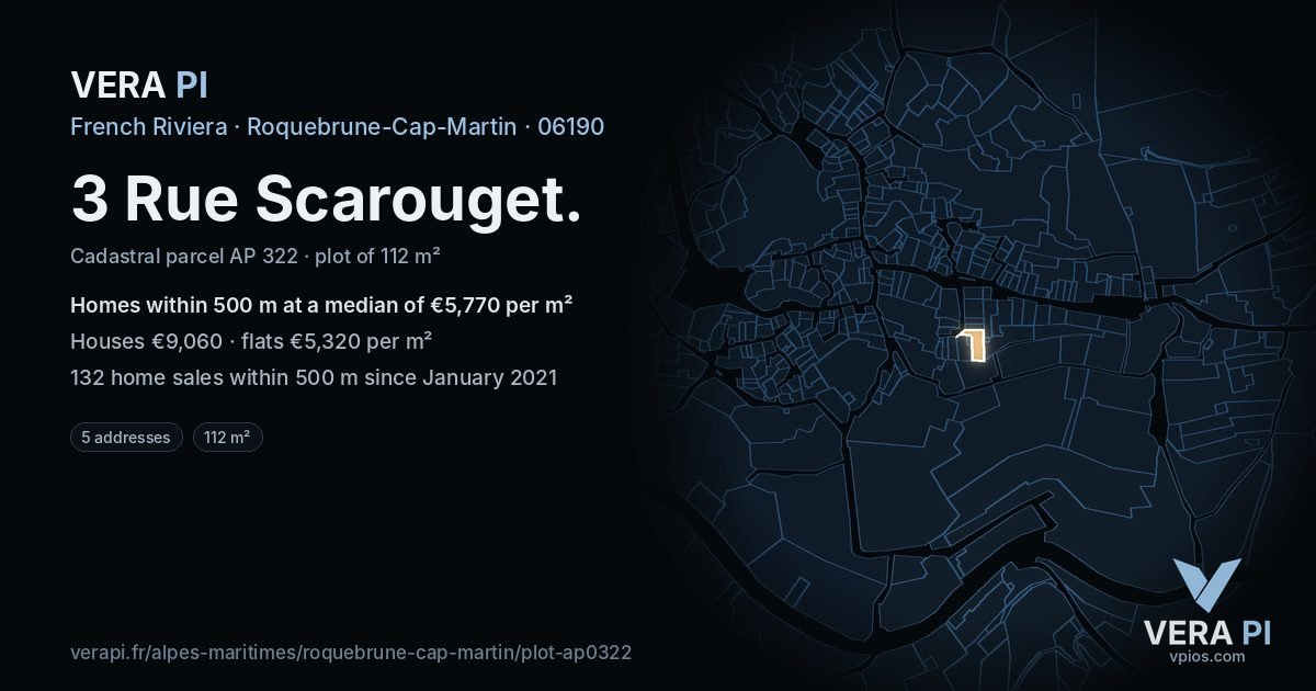3 Rue Scarouget, Roquebrune-Cap-Martin at night – the plot lit, the parcels around coloured by the prices near them