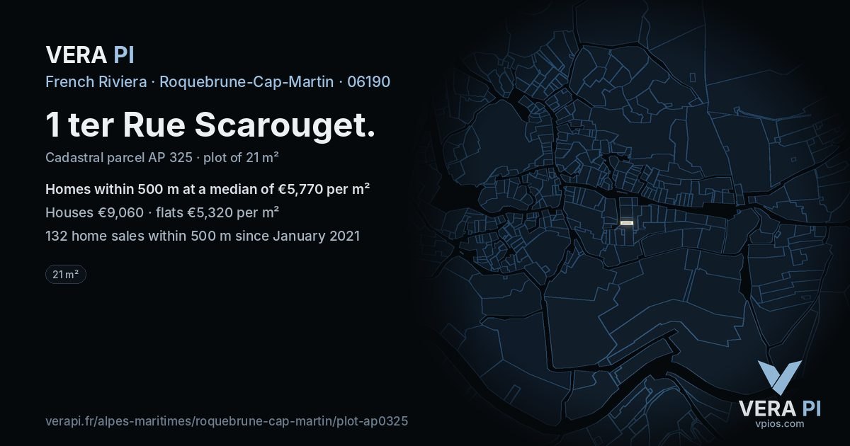1 ter Rue Scarouget, Roquebrune-Cap-Martin at night – the plot lit, the parcels around coloured by the prices near them