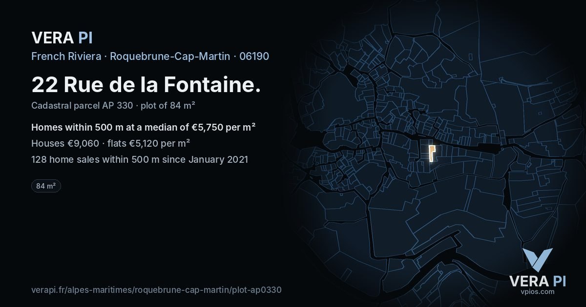 22 Rue de la Fontaine, Roquebrune-Cap-Martin at night – the plot lit, the parcels around coloured by the prices near them