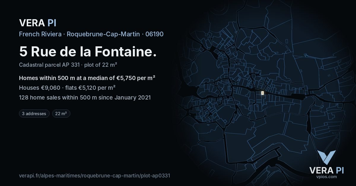 5 Rue de la Fontaine, Roquebrune-Cap-Martin at night – the plot lit, the parcels around coloured by the prices near them