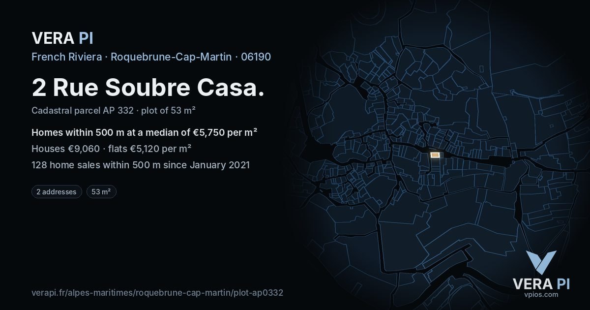 2 Rue Soubre Casa, Roquebrune-Cap-Martin at night – the plot lit, the parcels around coloured by the prices near them