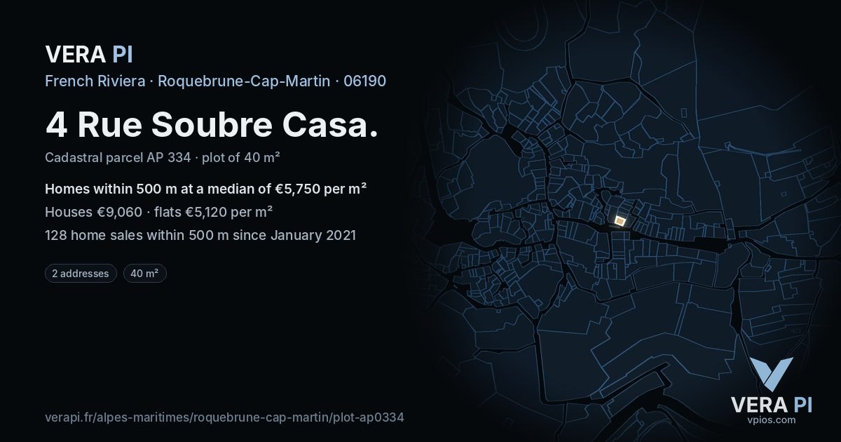 4 Rue Soubre Casa, Roquebrune-Cap-Martin at night – the plot lit, the parcels around coloured by the prices near them