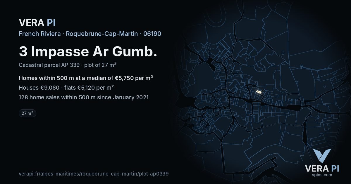 3 Impasse Ar Gumb, Roquebrune-Cap-Martin at night – the plot lit, the parcels around coloured by the prices near them