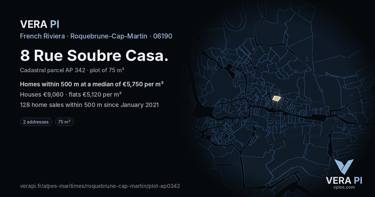 8 Rue Soubre Casa, Roquebrune-Cap-Martin at night – the plot lit, the parcels around coloured by the prices near them
