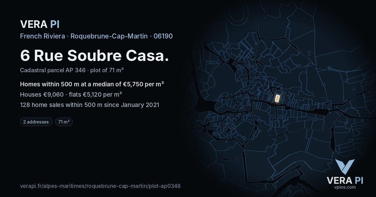 6 Rue Soubre Casa, Roquebrune-Cap-Martin at night – the plot lit, the parcels around coloured by the prices near them