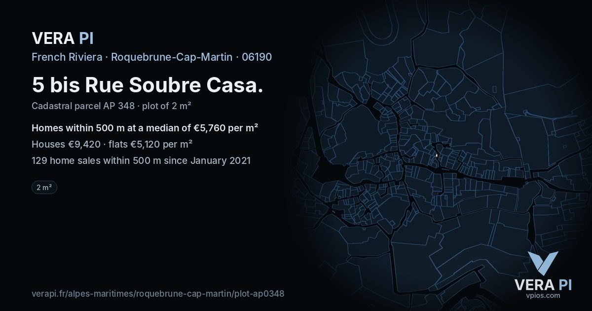 5 bis Rue Soubre Casa, Roquebrune-Cap-Martin at night – the plot lit, the parcels around coloured by the prices near them