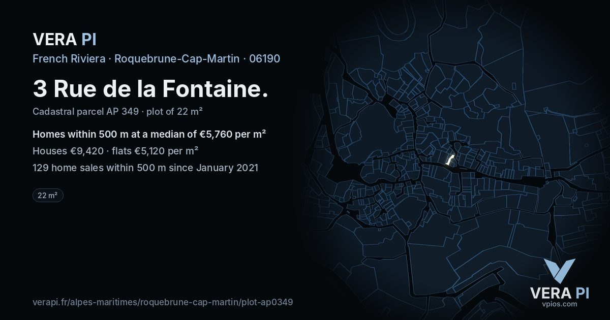 3 Rue de la Fontaine, Roquebrune-Cap-Martin at night – the plot lit, the parcels around coloured by the prices near them