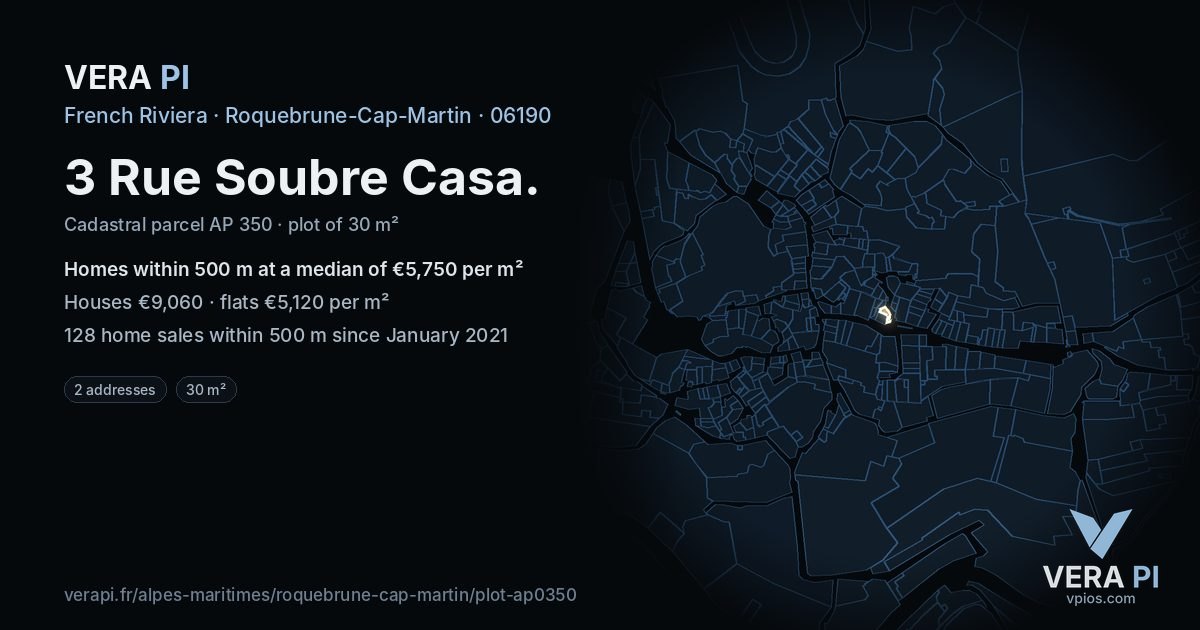 3 Rue Soubre Casa, Roquebrune-Cap-Martin at night – the plot lit, the parcels around coloured by the prices near them
