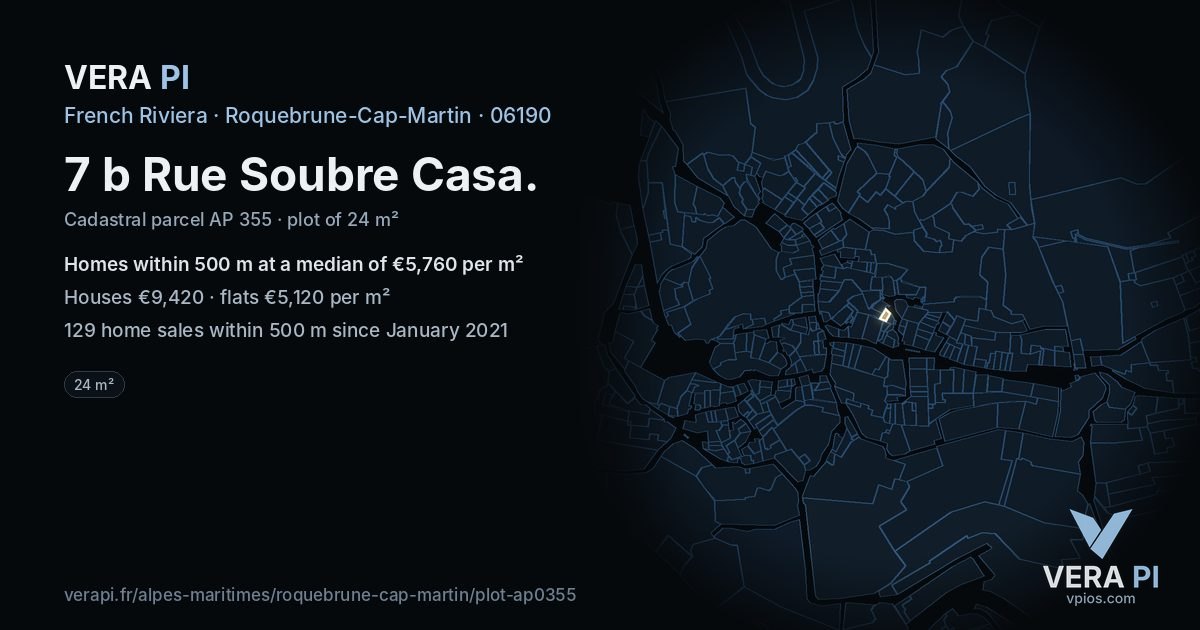 7 b Rue Soubre Casa, Roquebrune-Cap-Martin at night – the plot lit, the parcels around coloured by the prices near them
