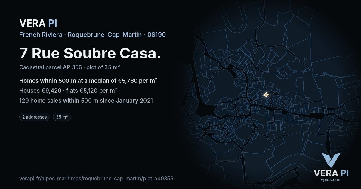 7 Rue Soubre Casa, Roquebrune-Cap-Martin at night – the plot lit, the parcels around coloured by the prices near them