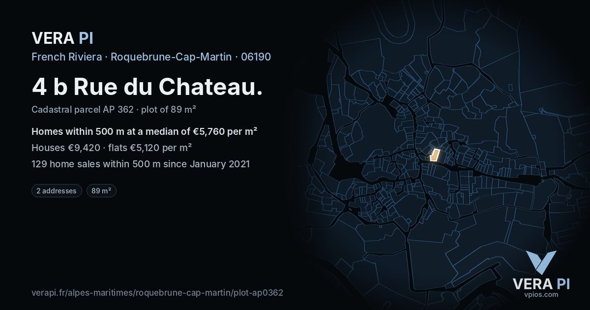 4 b Rue du Chateau, Roquebrune-Cap-Martin at night – the plot lit, the parcels around coloured by the prices near them