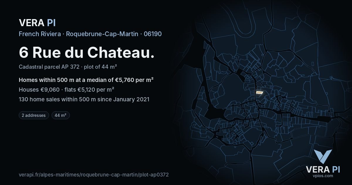6 Rue du Chateau, Roquebrune-Cap-Martin at night – the plot lit, the parcels around coloured by the prices near them