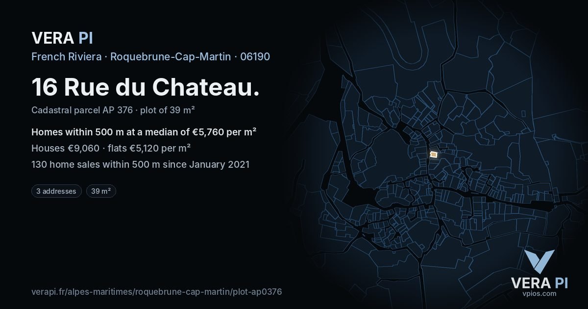 16 Rue du Chateau, Roquebrune-Cap-Martin at night – the plot lit, the parcels around coloured by the prices near them