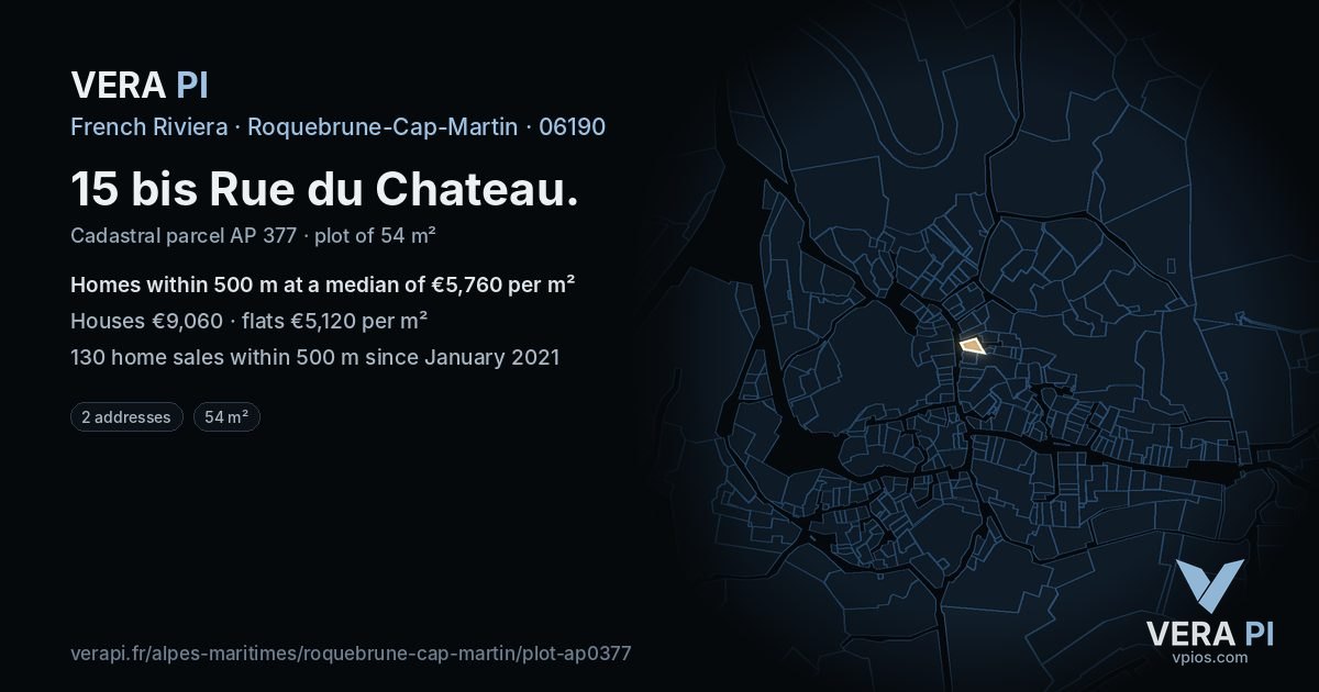 15 bis Rue du Chateau, Roquebrune-Cap-Martin at night – the plot lit, the parcels around coloured by the prices near them