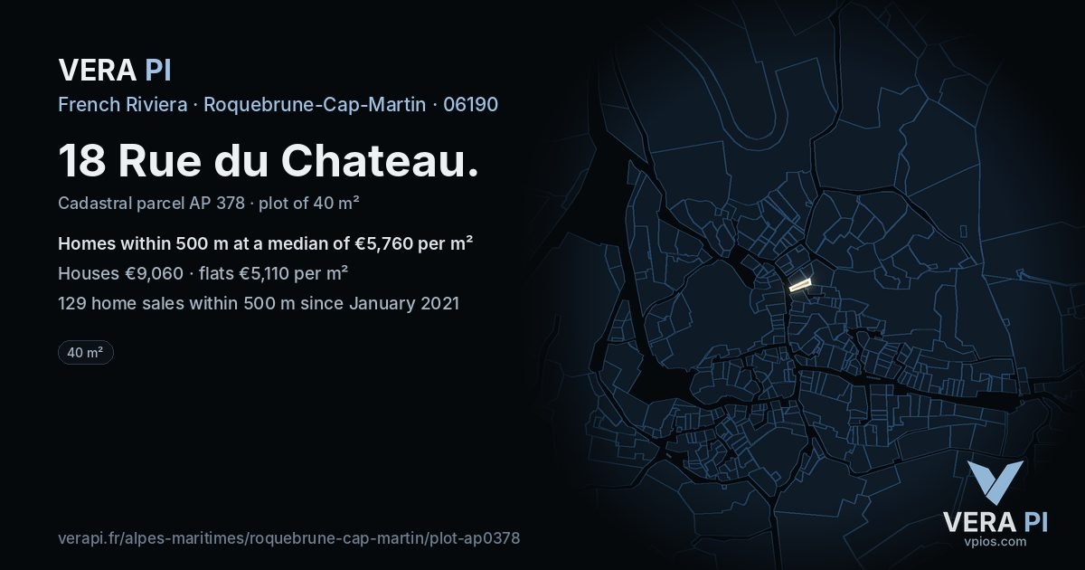 18 Rue du Chateau, Roquebrune-Cap-Martin at night – the plot lit, the parcels around coloured by the prices near them