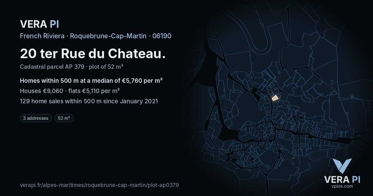 20 ter Rue du Chateau, Roquebrune-Cap-Martin at night – the plot lit, the parcels around coloured by the prices near them