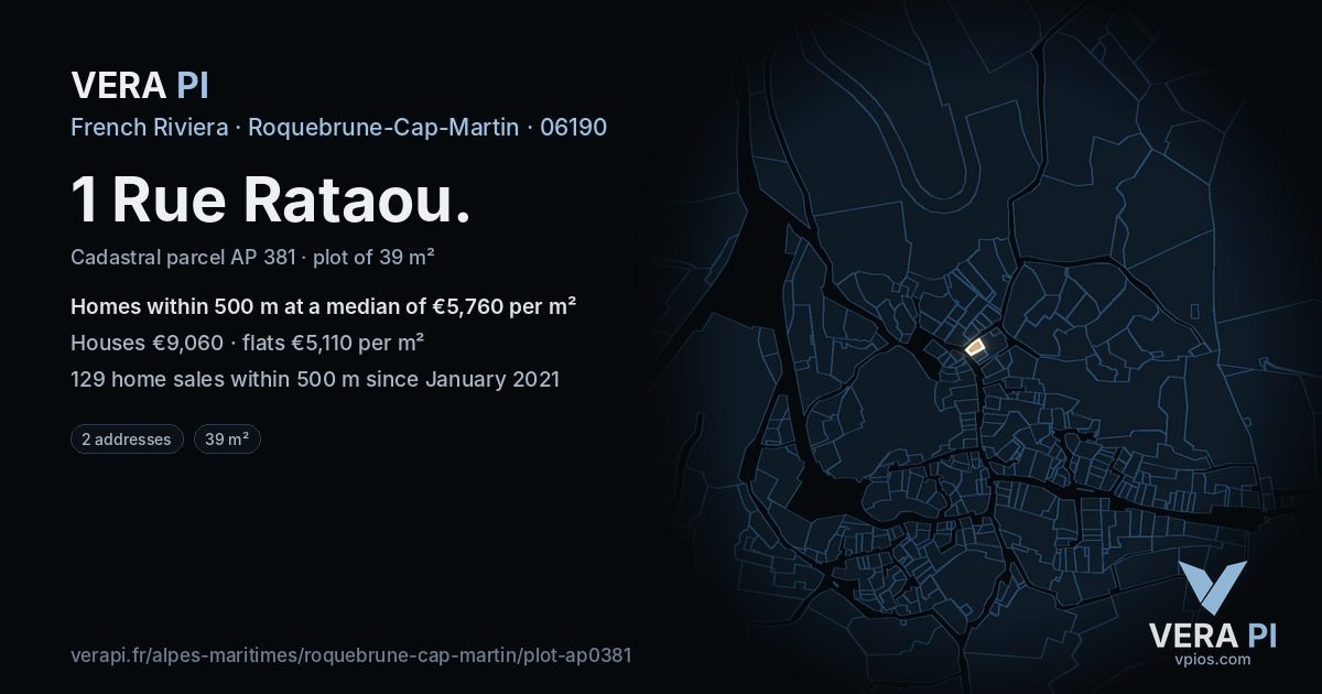 1 Rue Rataou, Roquebrune-Cap-Martin at night – the plot lit, the parcels around coloured by the prices near them