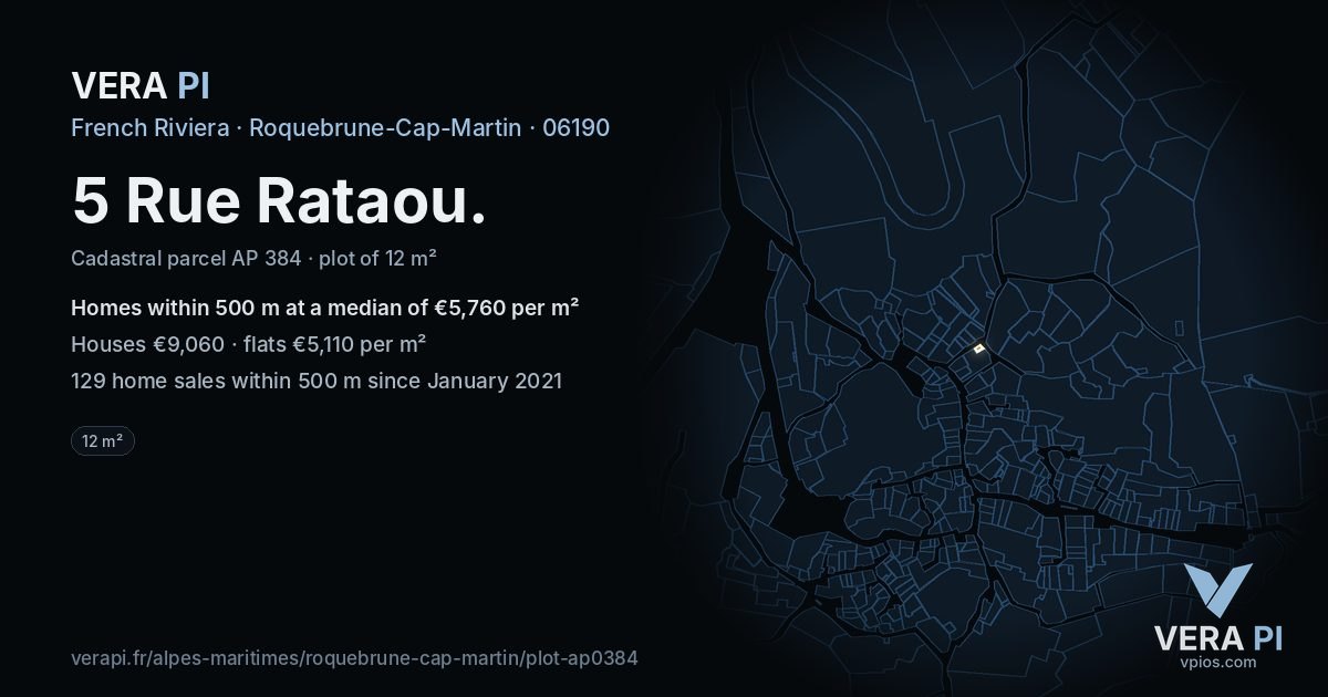 5 Rue Rataou, Roquebrune-Cap-Martin at night – the plot lit, the parcels around coloured by the prices near them