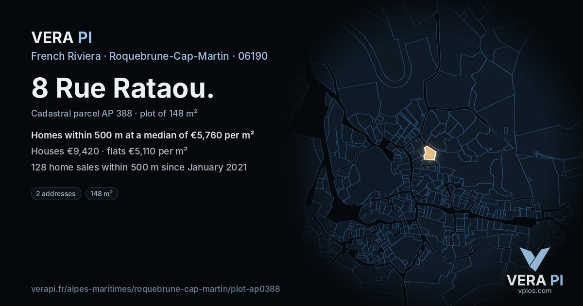 8 Rue Rataou, Roquebrune-Cap-Martin at night – the plot lit, the parcels around coloured by the prices near them