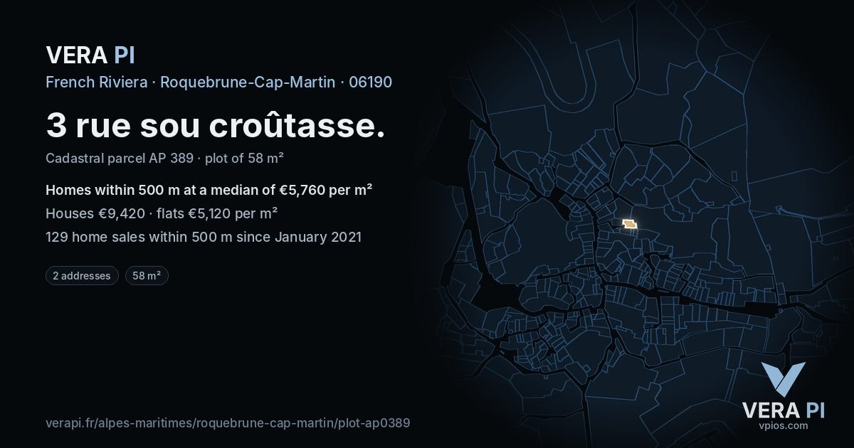 3 rue sou croûtasse, Roquebrune-Cap-Martin at night – the plot lit, the parcels around coloured by the prices near them