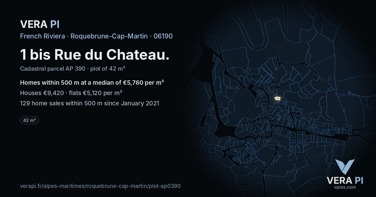 1 bis Rue du Chateau, Roquebrune-Cap-Martin at night – the plot lit, the parcels around coloured by the prices near them