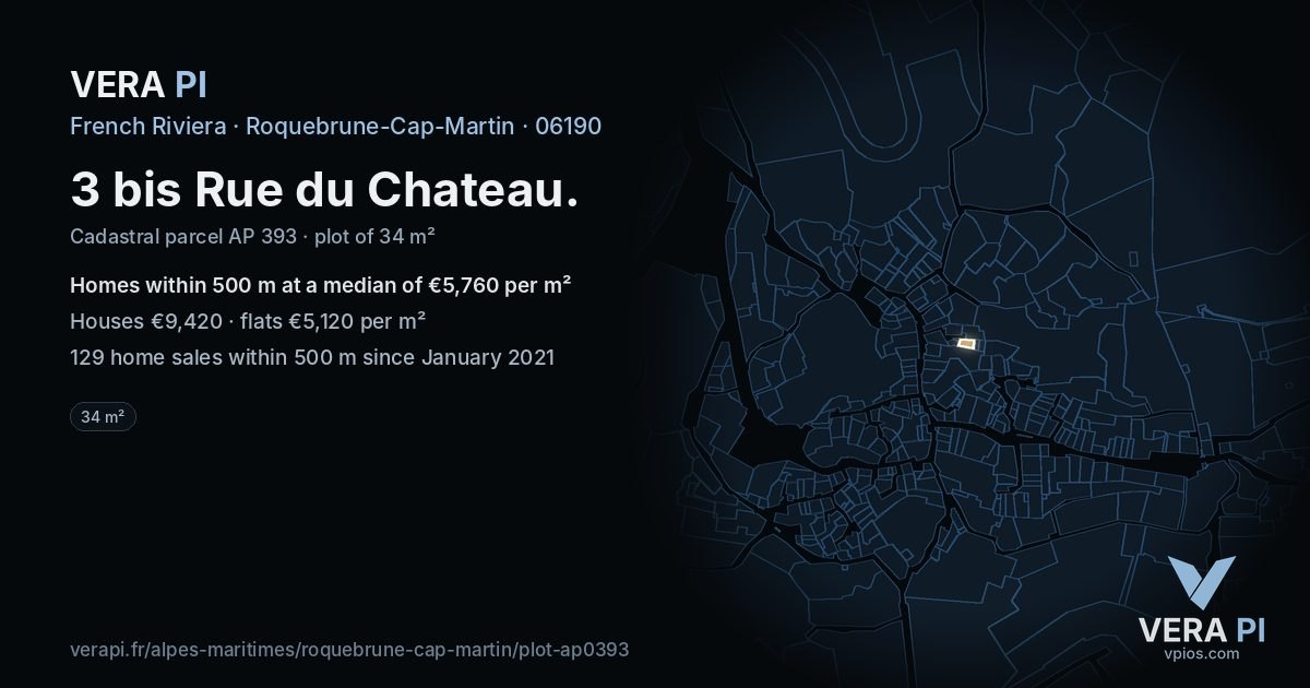 3 bis Rue du Chateau, Roquebrune-Cap-Martin at night – the plot lit, the parcels around coloured by the prices near them