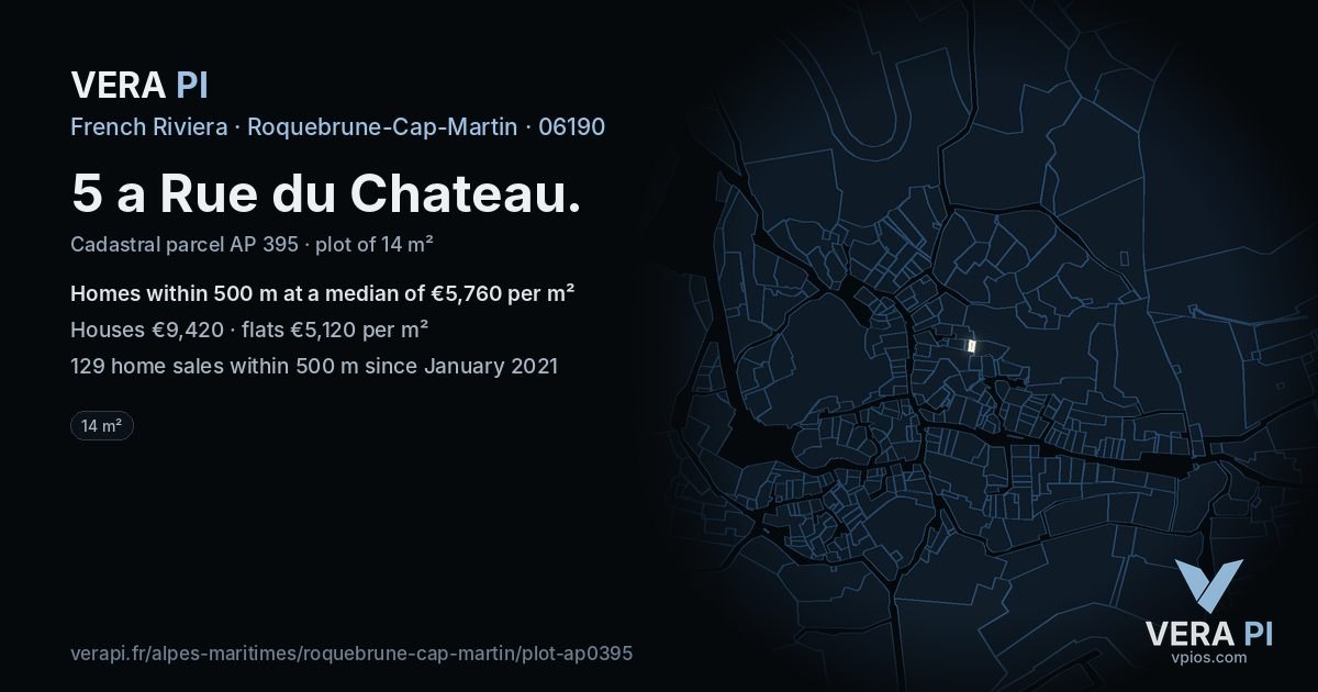 5 a Rue du Chateau, Roquebrune-Cap-Martin at night – the plot lit, the parcels around coloured by the prices near them