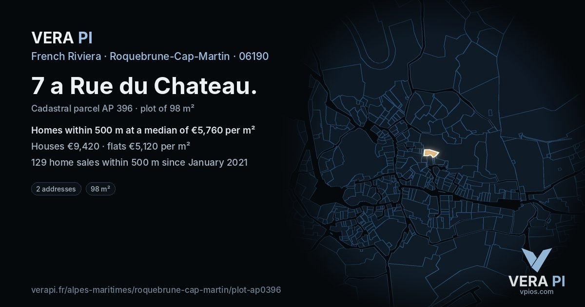 7 a Rue du Chateau, Roquebrune-Cap-Martin at night – the plot lit, the parcels around coloured by the prices near them