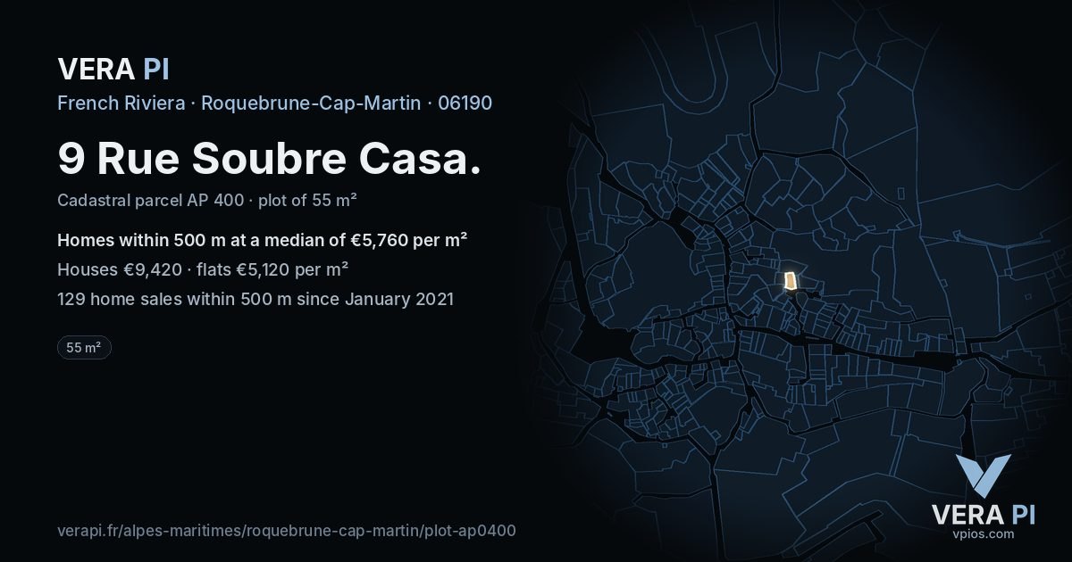 9 Rue Soubre Casa, Roquebrune-Cap-Martin at night – the plot lit, the parcels around coloured by the prices near them