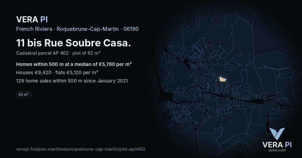 11 bis Rue Soubre Casa, Roquebrune-Cap-Martin at night – the plot lit, the parcels around coloured by the prices near them