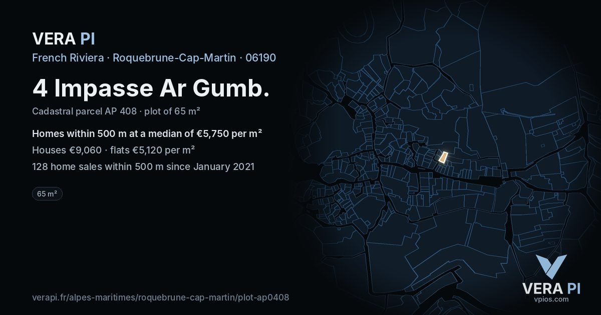4 Impasse Ar Gumb, Roquebrune-Cap-Martin at night – the plot lit, the parcels around coloured by the prices near them